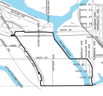 Calumet River TIF district, roughly bounded on the north by 130th Street, 138th Street on the south, Torrence Avenue on the east, and Doty Avenue on the west.